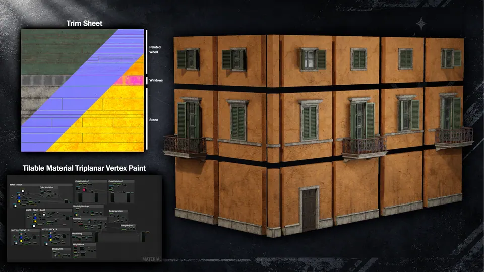 Lámina técnica: trim sheet y material tileable con vertex paint aplicados a un edificio modular